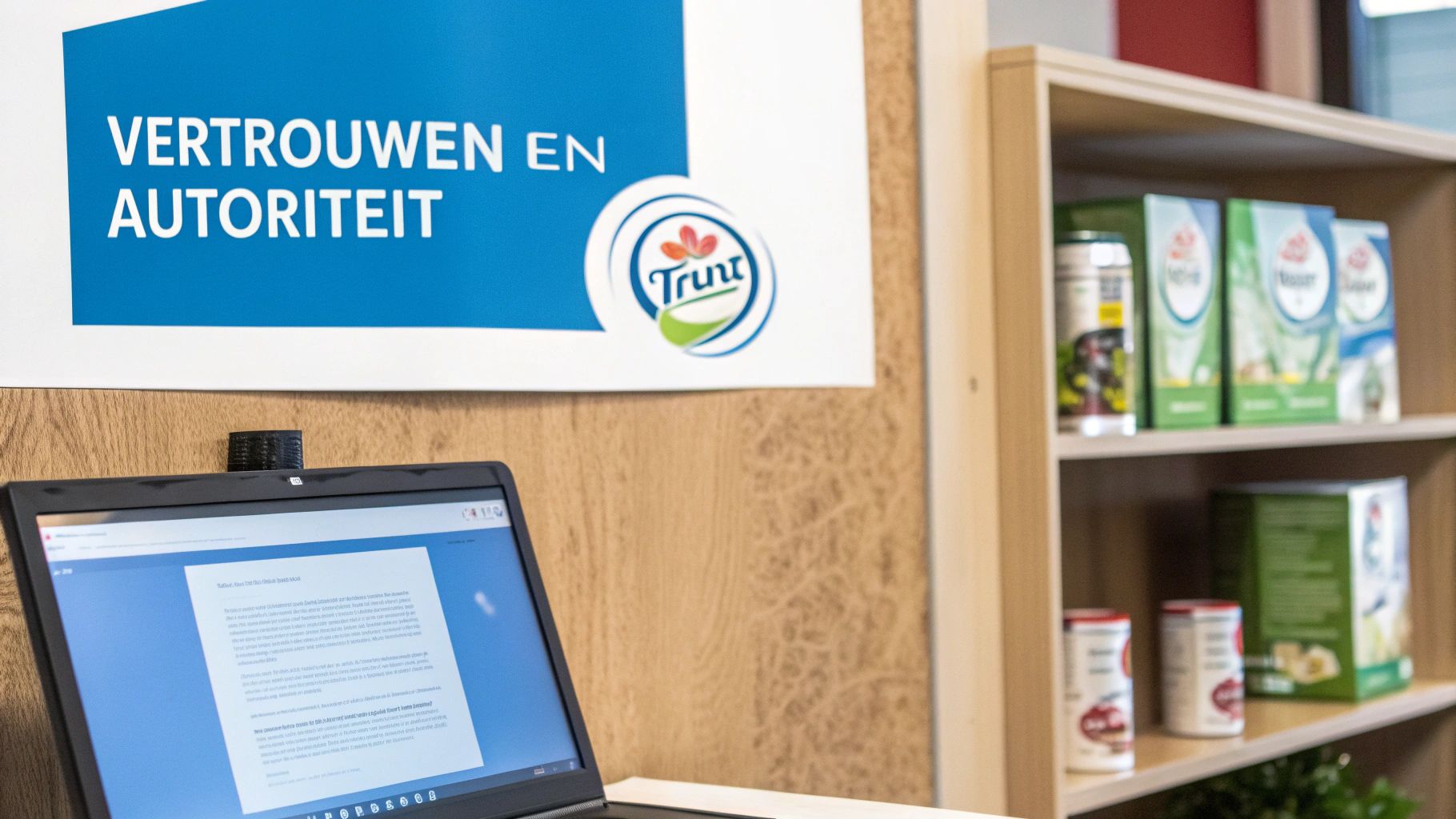 Laptop toont presentatie over vertrouwen en autoriteit, met Trunt-logo en producten op een plank. conversie verhogen webshop, productfotografie doorNorbert