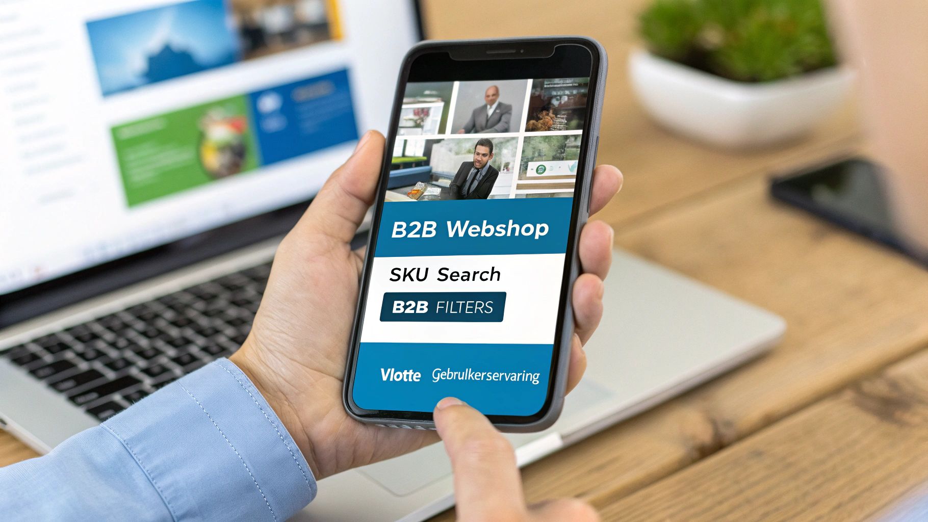 Een hand houdt een smartphone vast die een B2B Webshop-interface toont met SKU-zoekopties en B2B-filters. conversie verhogen webshop, productfotografie doorNorbert