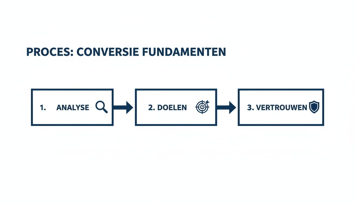 Visualisatie van het conversie fundamenten proces, met drie stappen: analyse, doelen en vertrouwen, elk met een pictogram. conversie verhogen webshop, productfotografie doorNorbert