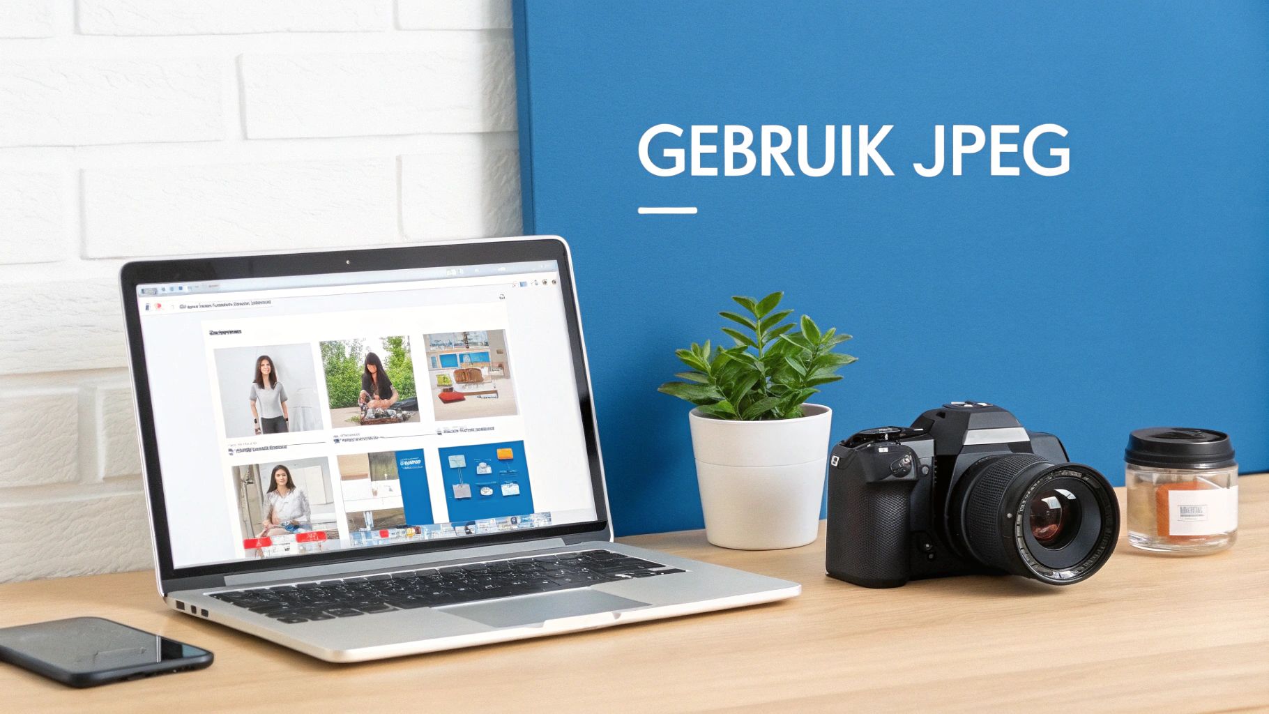 Een laptop toont een fotogalerij met personen en interieurs, naast een camera, plant en potje op een bureau. Op de achtergrond staat een blauw bord met de tekst 'GEBRUIK JPEG'. png or jpeg, productfotografie doorNorbert