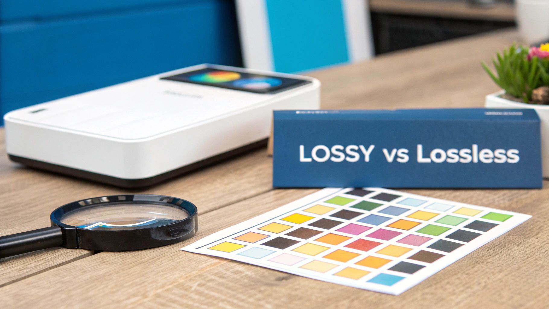 Een witte kleurenkalibratiemeter, vergrootglas, kleurenkaart en 'LOSSY vs Lossless'-doos op een houten tafel. png or jpeg, productfotografie doorNorbert