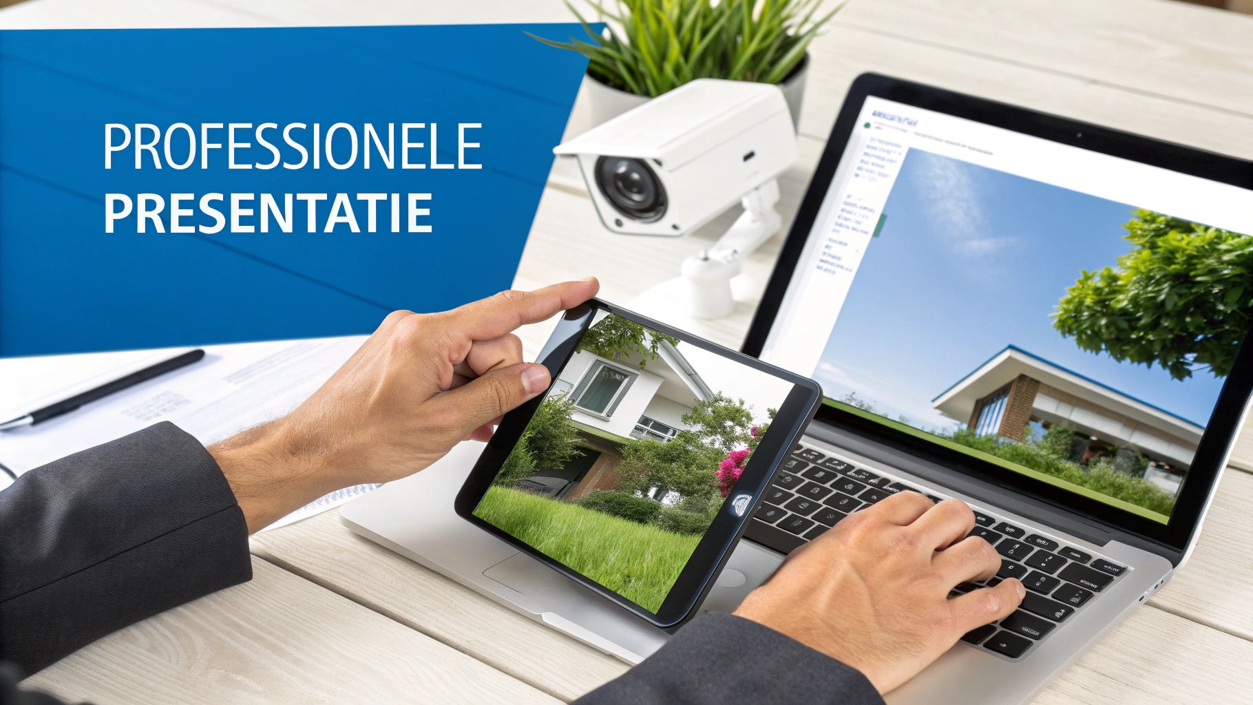 Man werkt aan laptop en tablet met professionele presentatie van huizen, inclusief bewakingscamera. conversie verhogen webshop, productfotografie doorNorbert