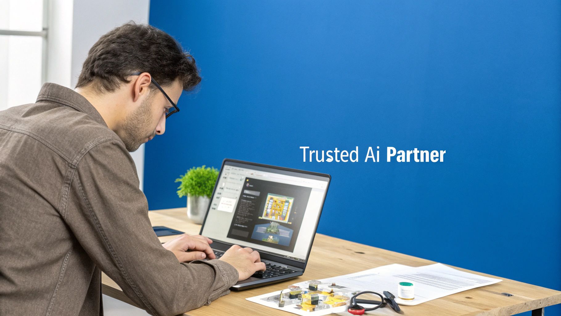 A team of AI developers collaborating around a Holoware laptop, showcasing innovation in India.