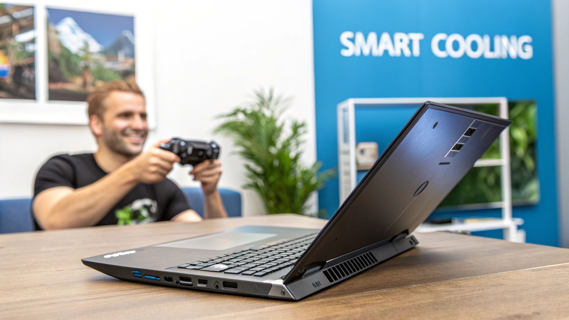 A Holoware Gizmos gaming laptop on a desk, with internal components like fans and copper heat pipes glowing subtly to indicate advanced cooling technology.