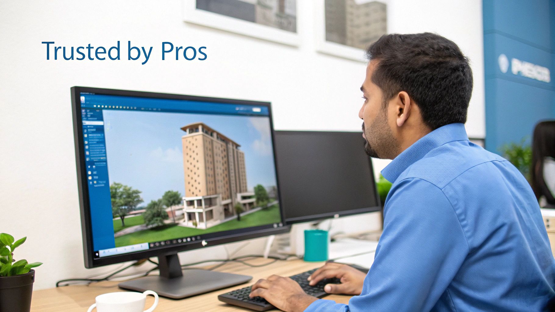 An architect working on a complex building model on a high-performance workstation computer.