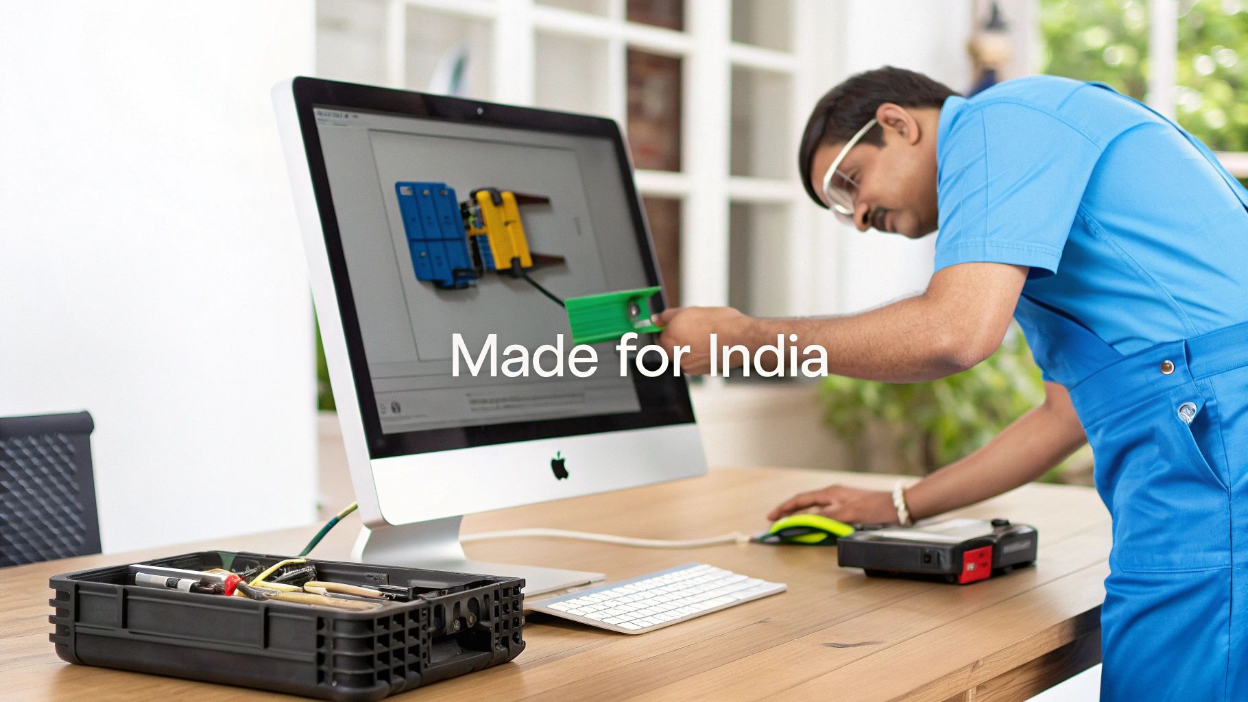 A professional working confidently on a Holoware workstation computer in a modern Indian office.