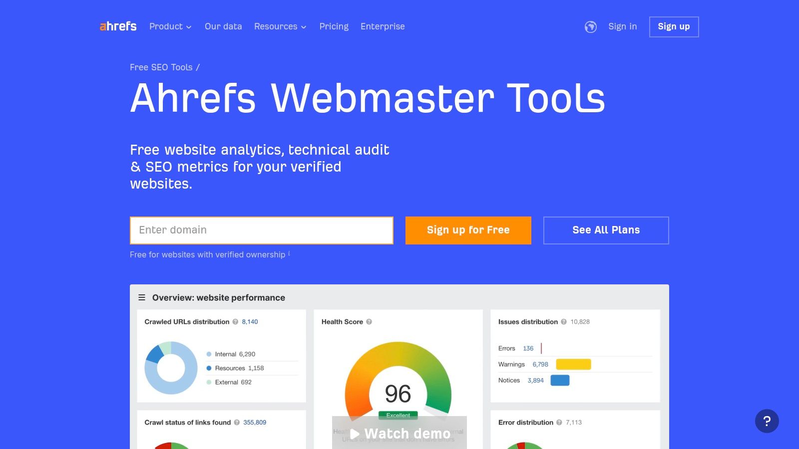 Ahrefs Webmaster Tools (AWT) Site Audit dashboard showing a health score, top issues, and crawled URLs.