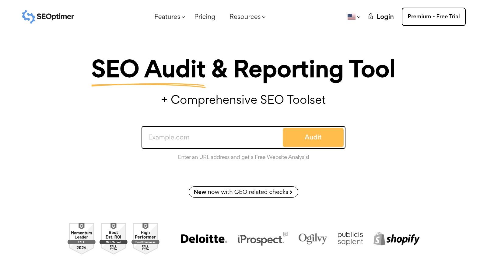 SEOptimer free website audit report showing an overall grade and scores for SEO, Usability, Performance, and other factors.