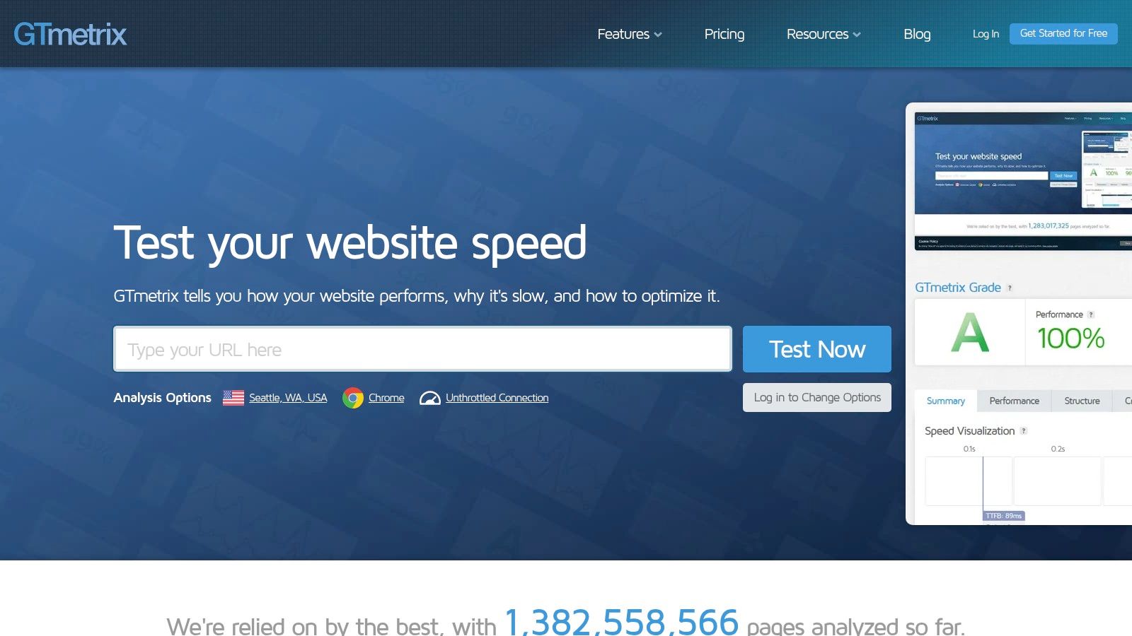 GTmetrix performance report showing grades, web vitals, and speed visualization.