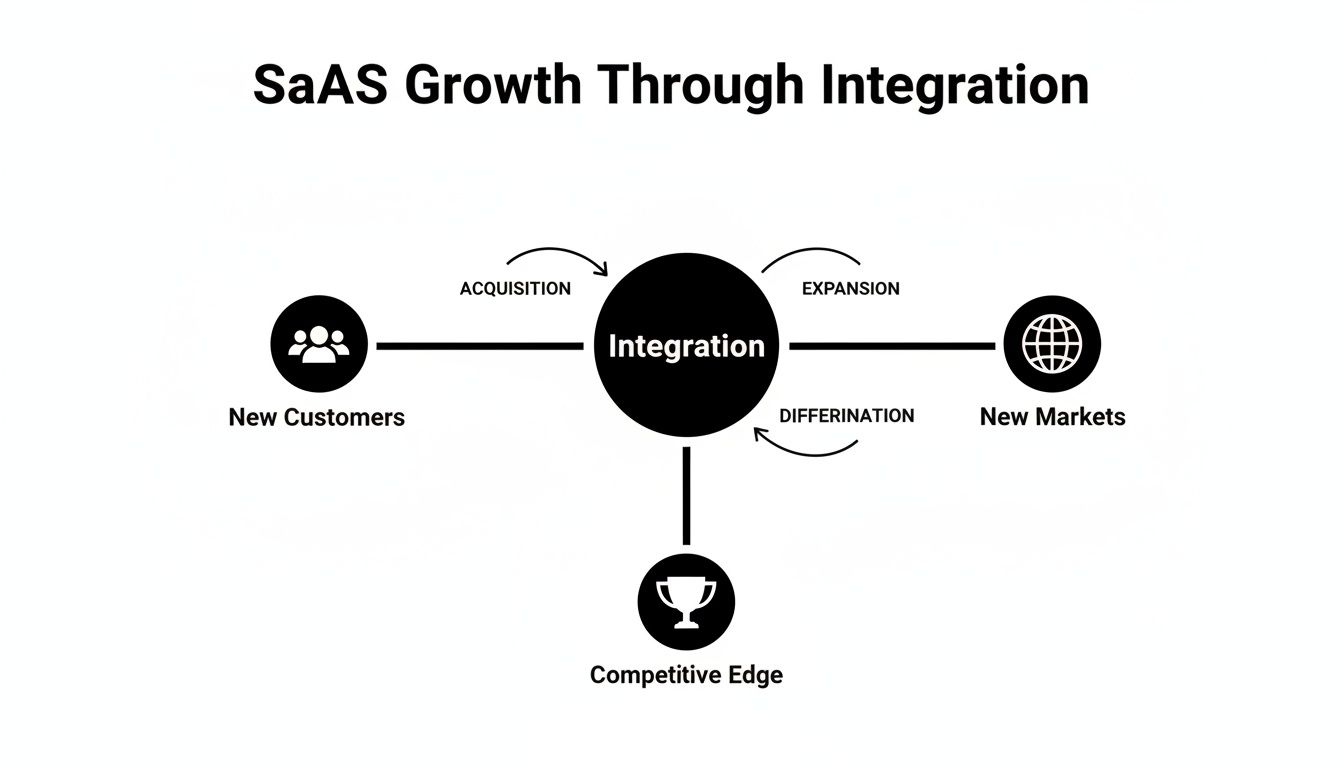 Diagram illustrating SaaS growth strategies: acquisition of new customers, expansion into new markets, and competitive edge through integration.