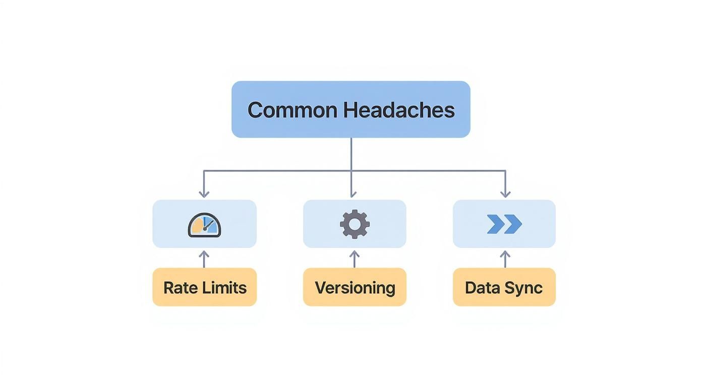 A flowchart illustrating common headaches, including Rate Limits, Versioning, and Data Sync.
