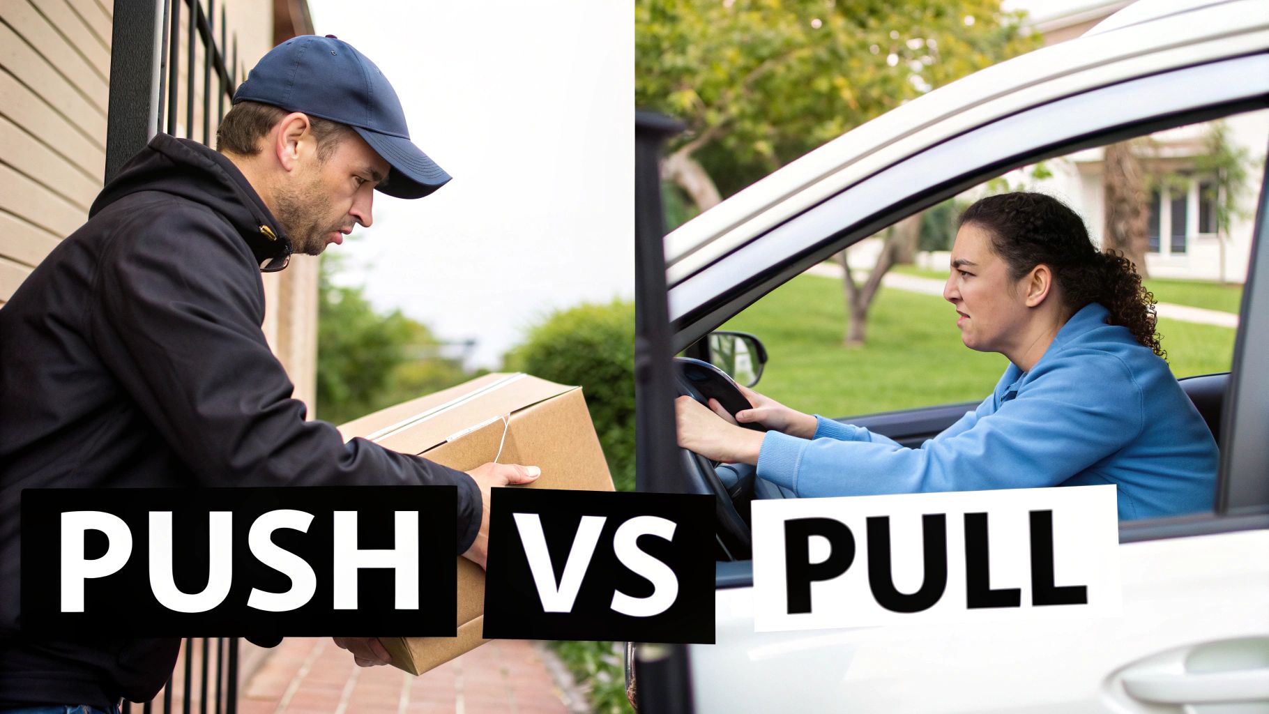 A delivery man pushing a box and a woman in a car with 'PUSH VS PULL' text.