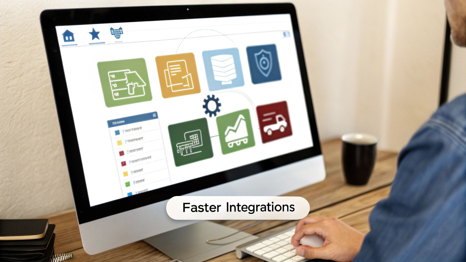 A person works on a computer displaying an interface with diverse icons connected by a central gear, highlighting 'Faster Integrations'.