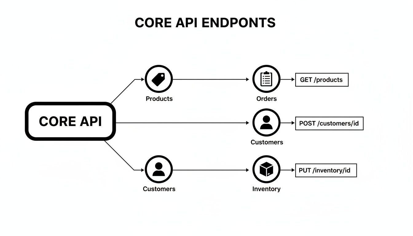 Diagram illustrating core API architecture, showing connections to products, orders, customers, and inventory endpoints.