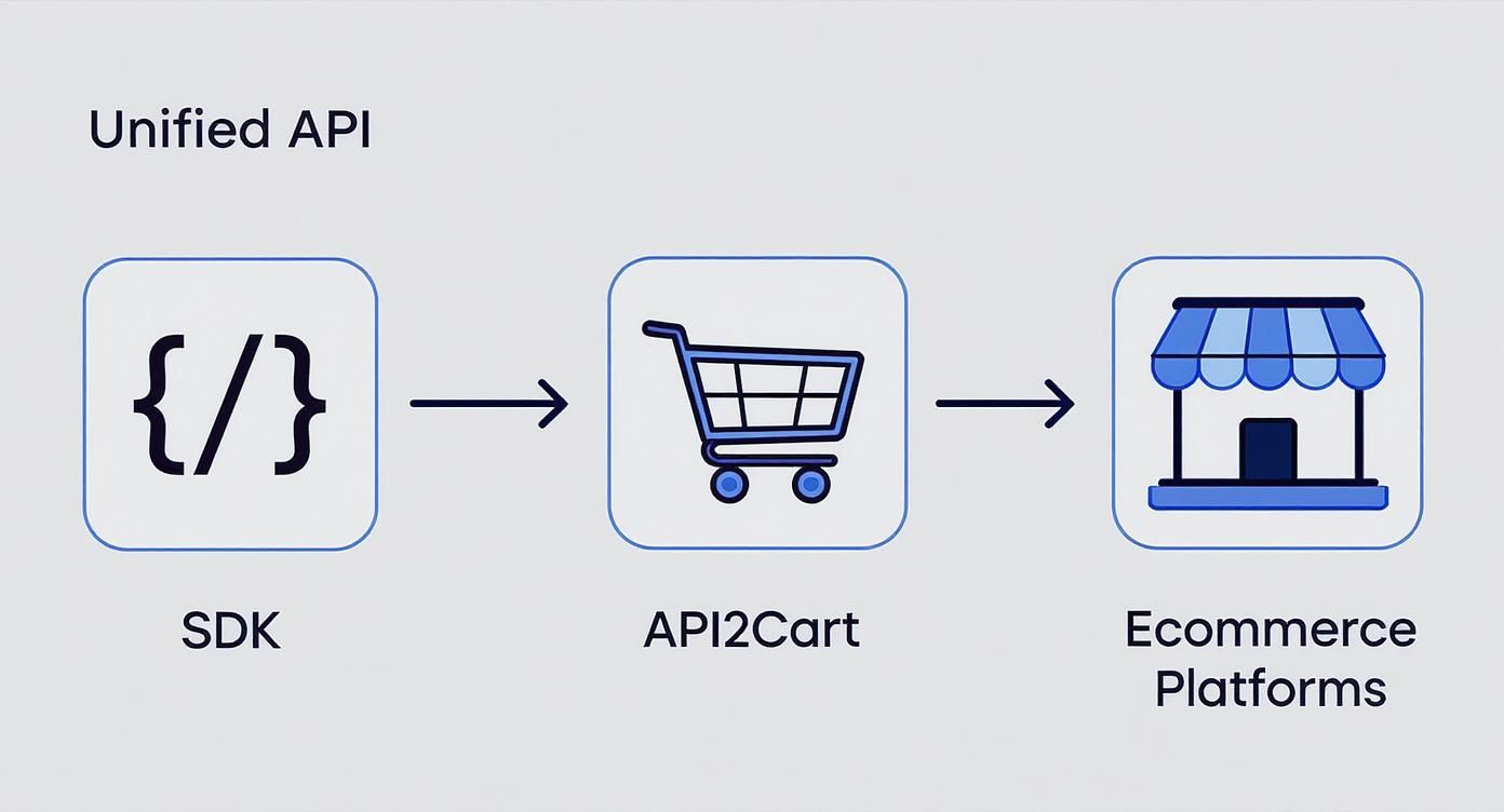 Diagram of Unified API flow: SDK connects through API2Cart to various E-commerce Platforms.