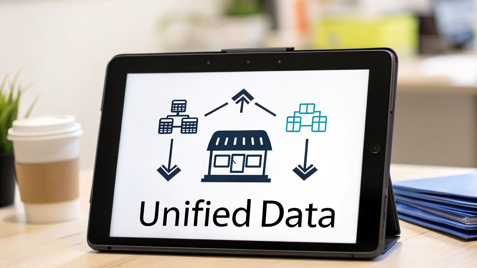 Tablet displaying unified data management system with icons showing data flow from sources to central platform