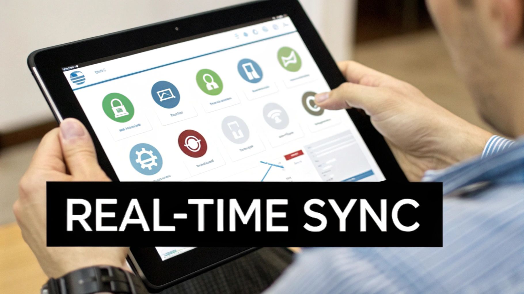 A person uses a tablet displaying app icons and data, highlighting "REAL-TIME SYNC" capabilities.