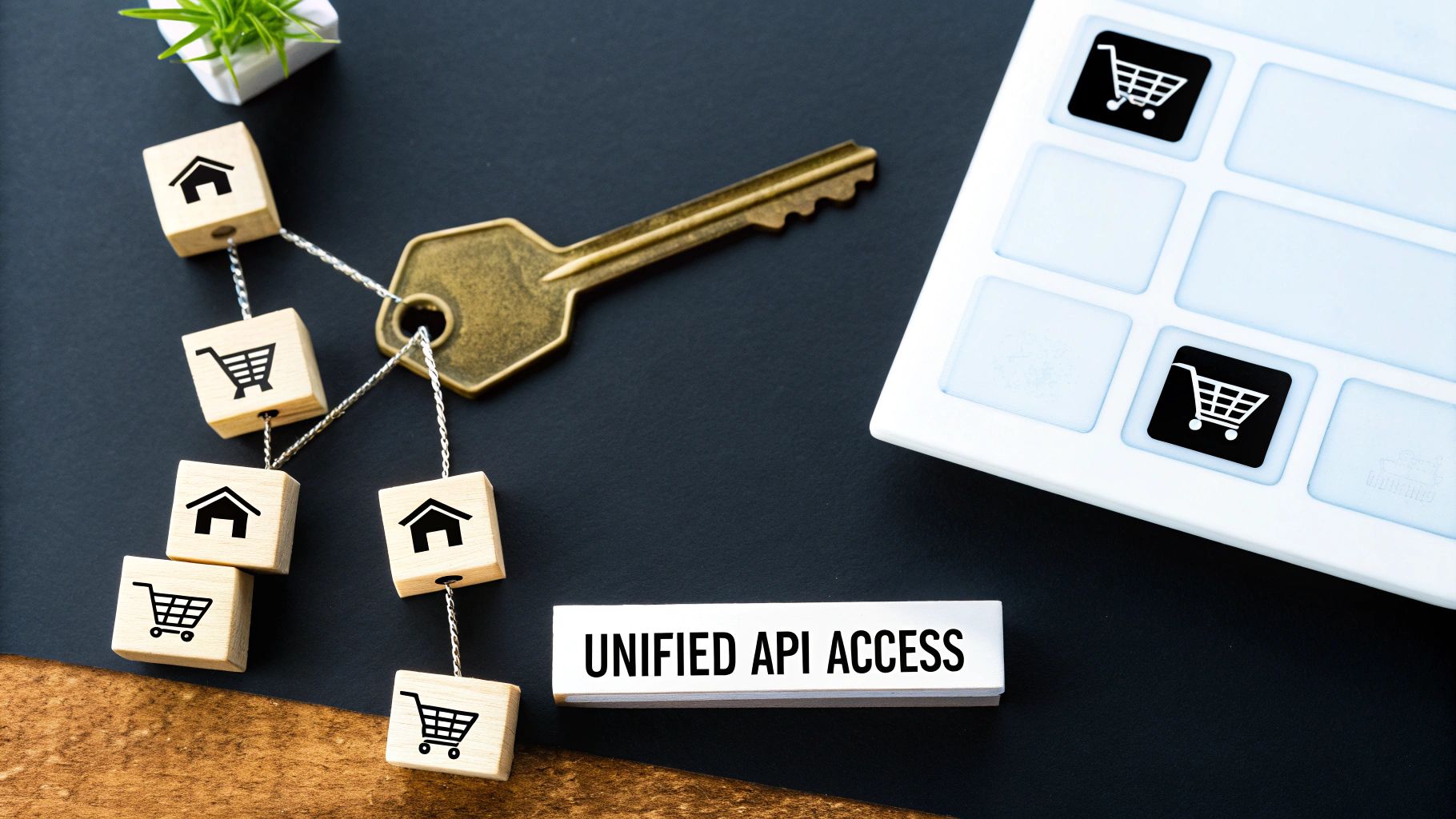 A brass key linked to wooden blocks representing house and shopping cart icons, with 'UNIFIED API ACCESS' text.