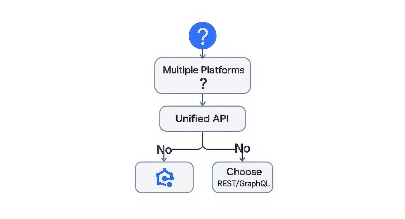 A flowchart illustrates API decision making: Unified API for multiple platforms or choosing REST/GraphQL.