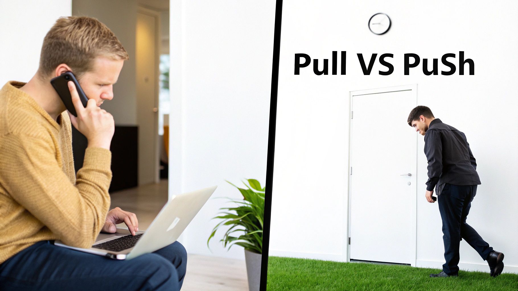 Split image shows a man working on a laptop (pull) and another man by a door (push), illustrating 'Pull VS Push'.