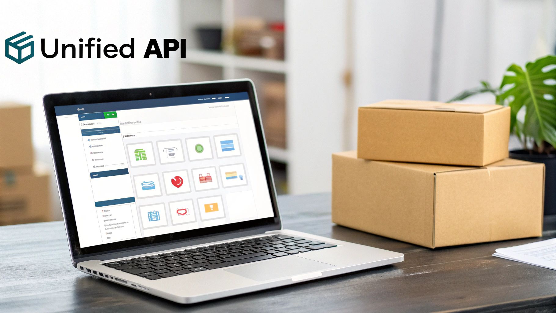 Laptop displaying a Unified API platform interface with stacked cardboard shipping boxes on a desk.
