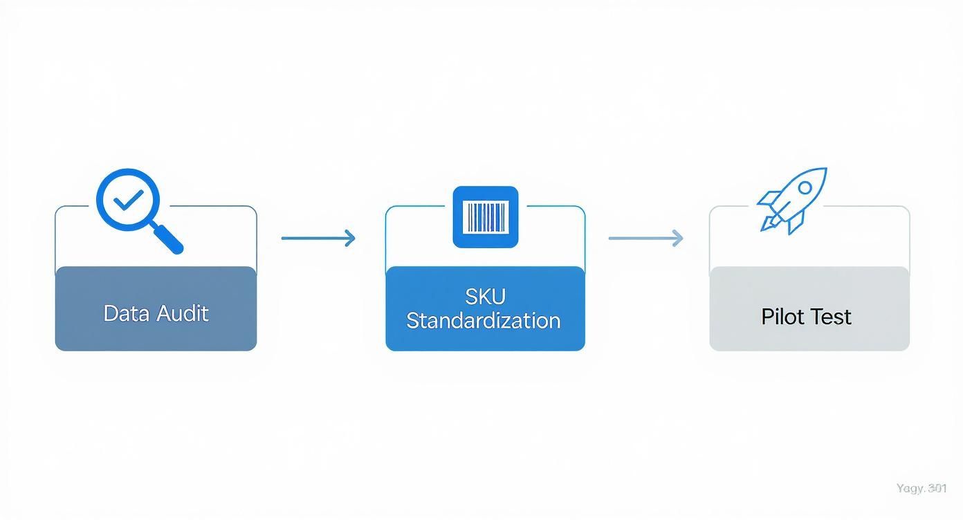 Three-stage workflow diagram showing data audit, SKU standardization with barcode, and pilot test phases