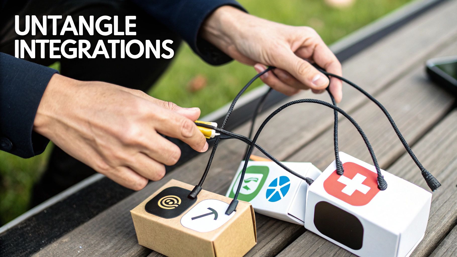 Hands connecting various integration modules with cables on a wooden surface, symbolizing untangled connections.