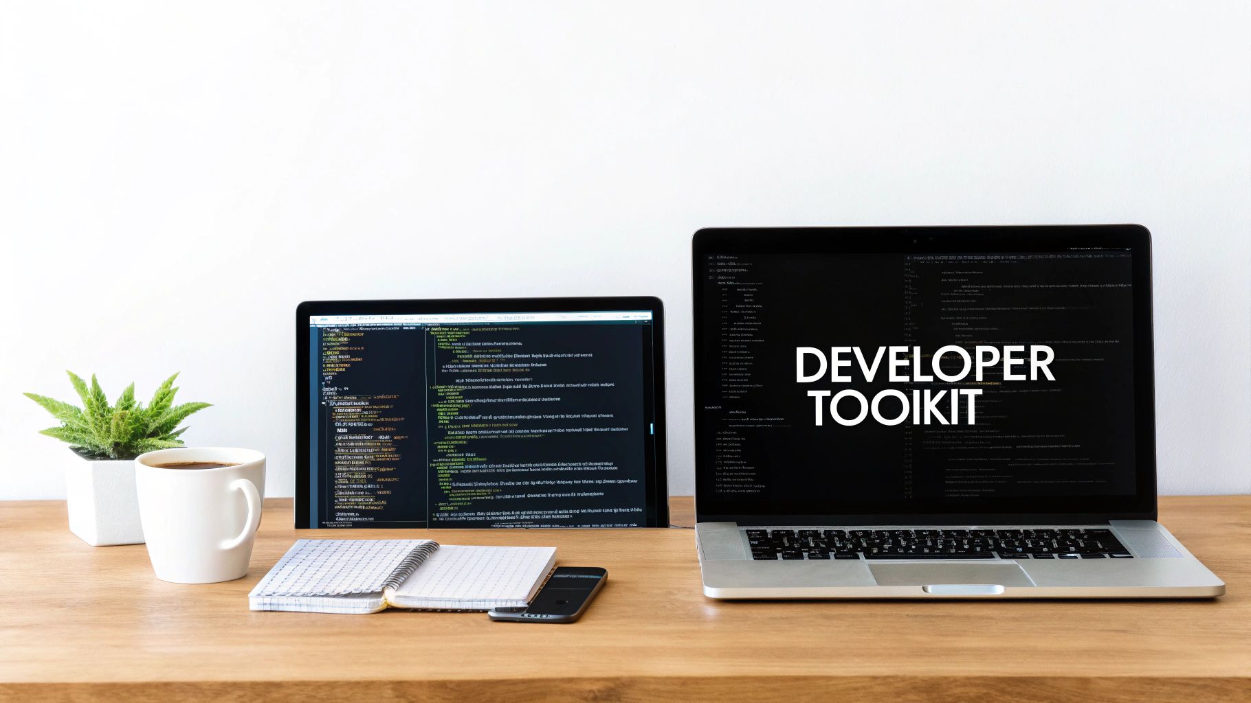 A developer's desk with a laptop, tablet displaying code, coffee, plant, and notepad.