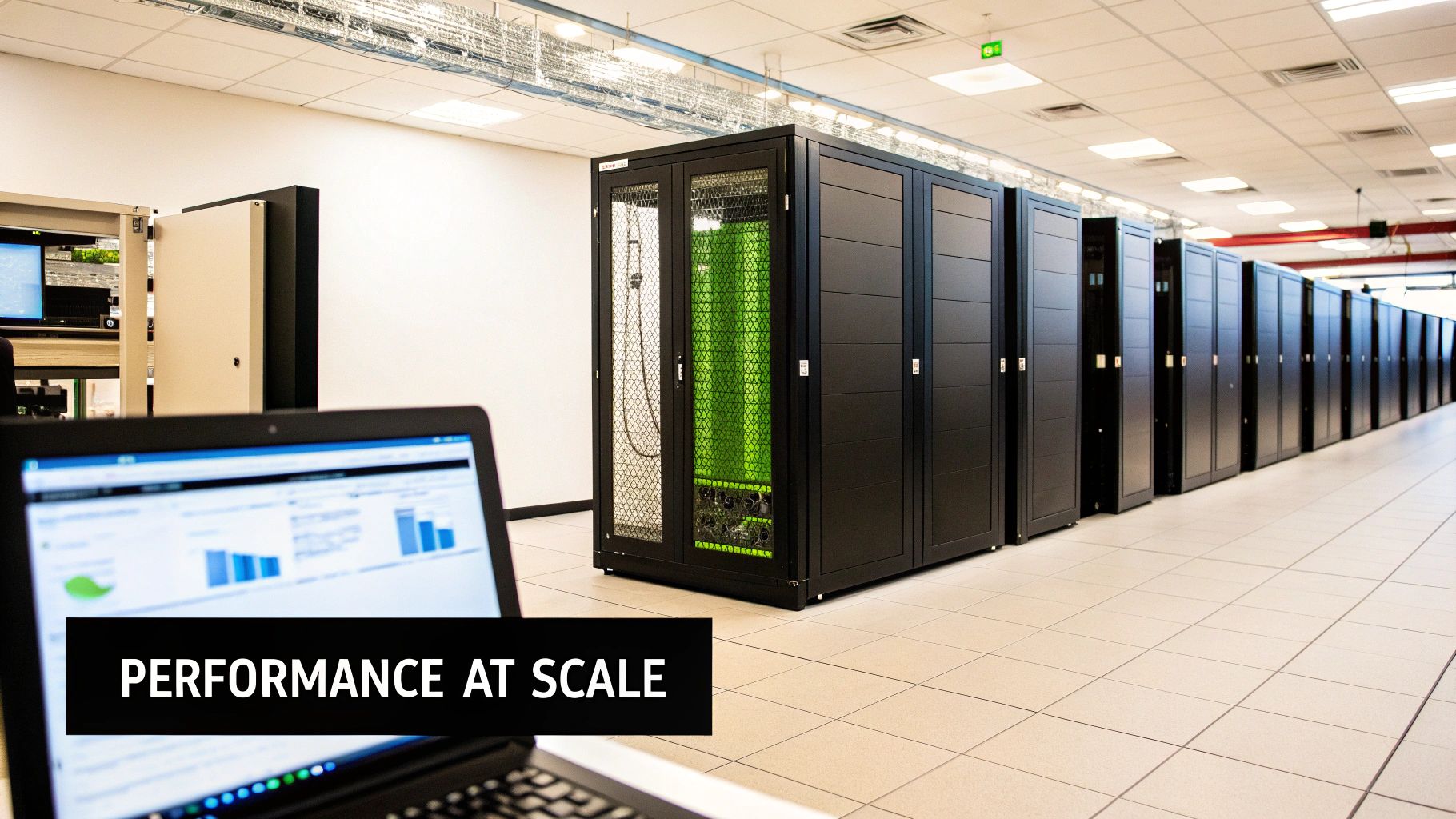 A data center with long rows of black server racks and a laptop showing performance graphs.