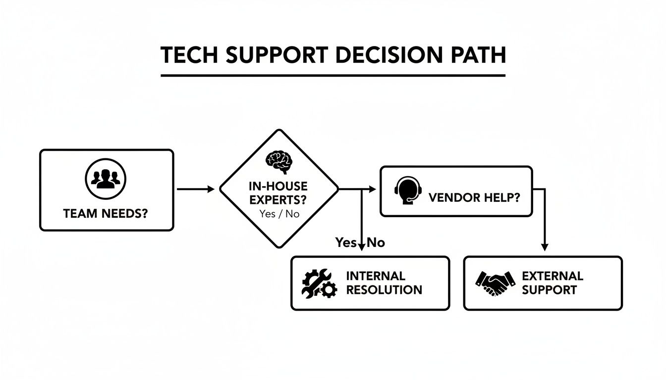 Flowchart illustrating the tech support decision path from team needs to resolution.