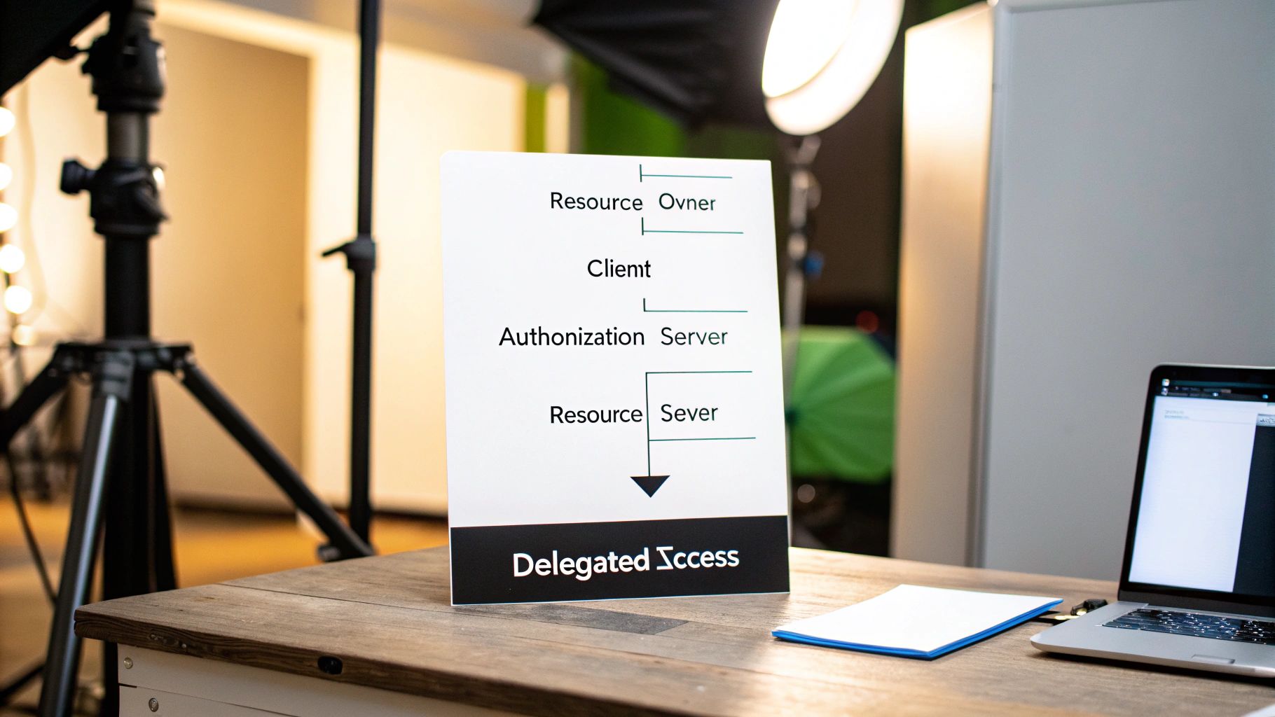 Diagram explaining Delegated Access, showing roles like Resource Owner, Client, Authorization Server, and Resource Server.
