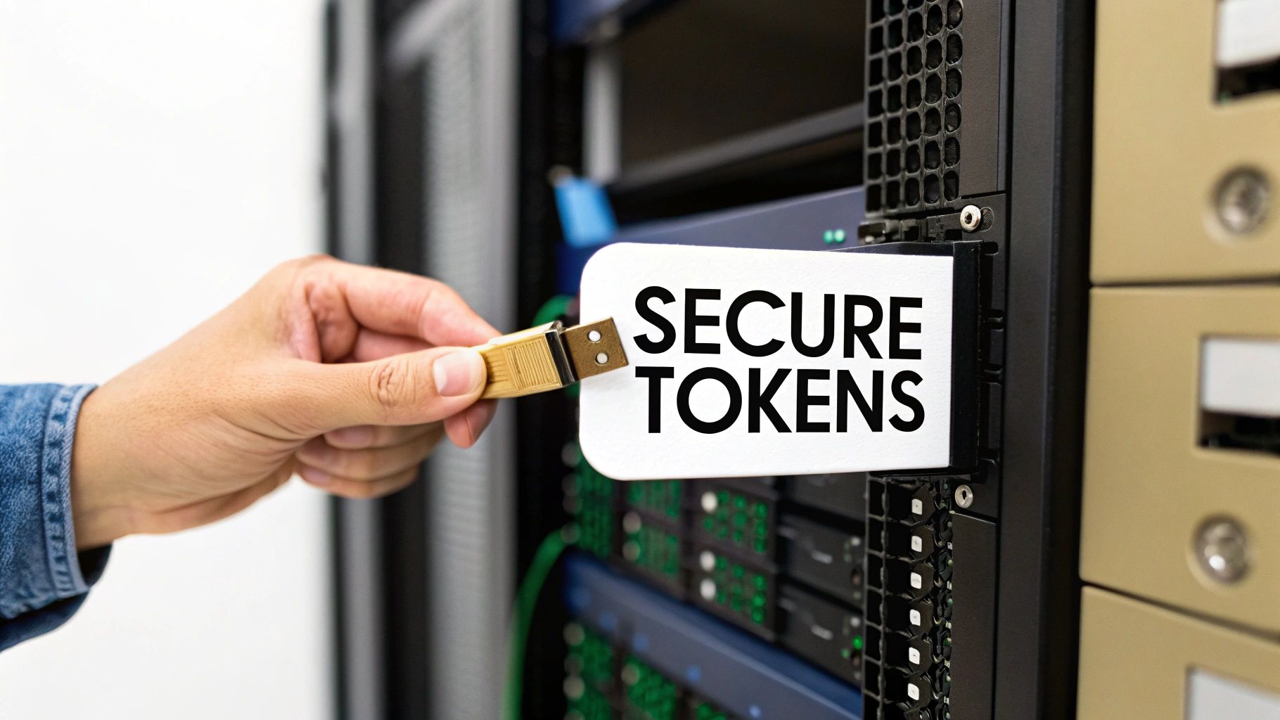 A hand inserts a secure USB token into a server rack for API authentication.