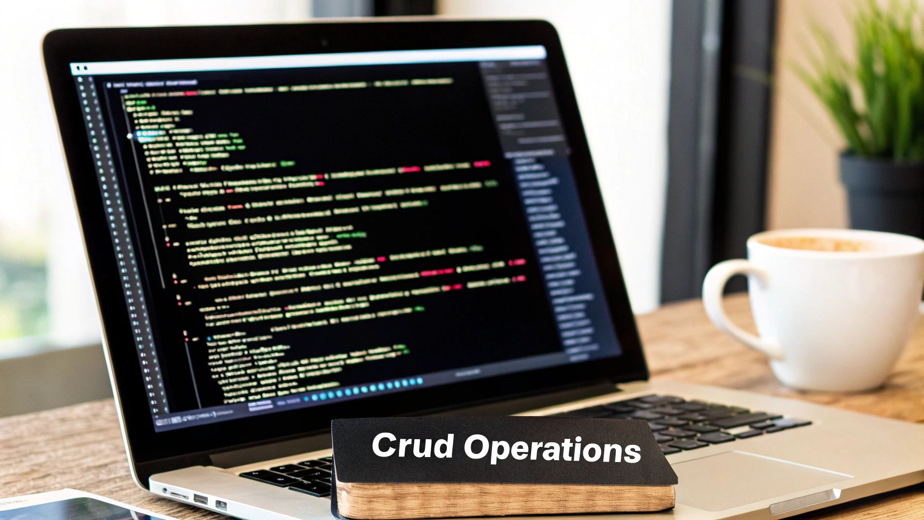 A laptop showing code on screen, a 'Crud Operations' book, and a coffee cup on a wooden desk.