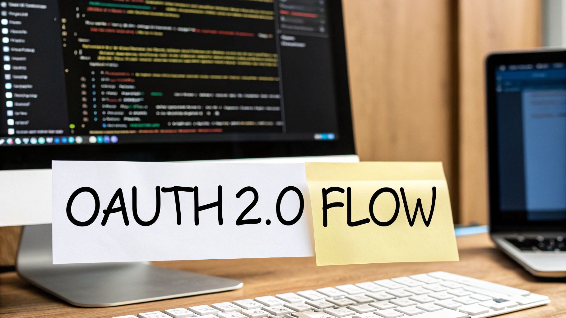 A computer screen displaying code, with sticky notes reading 'OAUTH 2.0 FLOW' on a wooden desk.