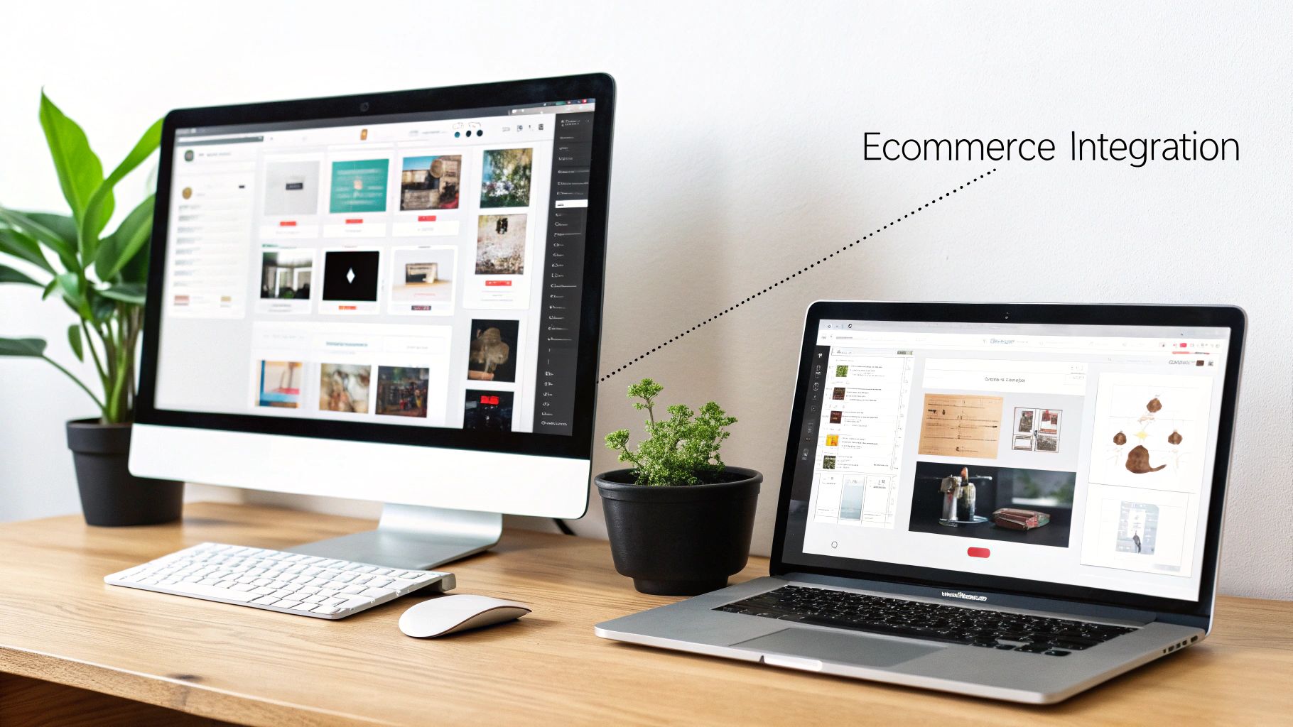 Desktop computer and laptop on a wooden desk, illustrating ecommerce integration between two web interfaces.