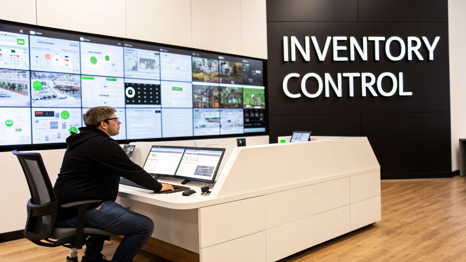 Person monitoring inventory control systems on multiple screens in modern warehouse management center