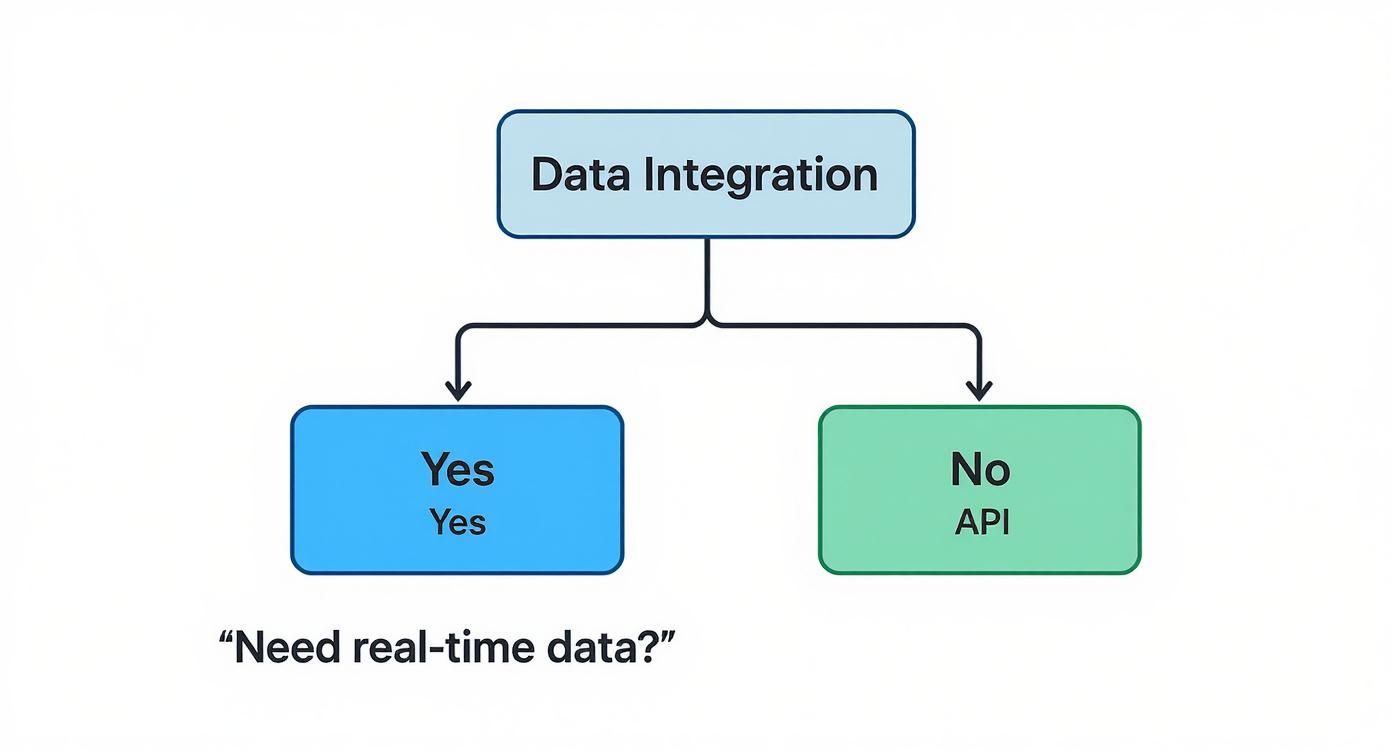 Flowchart for data integration asks 'Need real-time data?', leading to 'Yes Yes' or 'No API'.