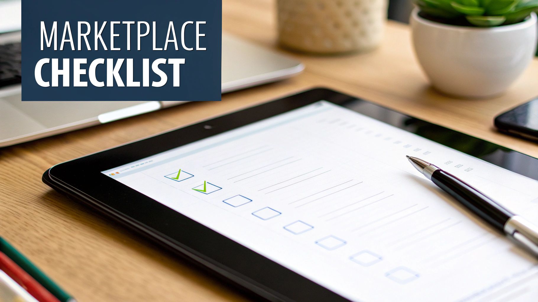 A tablet displays a digital marketplace checklist with checked items and a pen on a wooden desk.