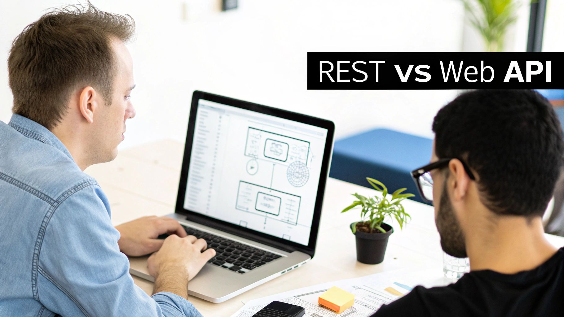 Two men collaborating on a web development project, one typing on a laptop with a diagram, discussing REST vs Web API.