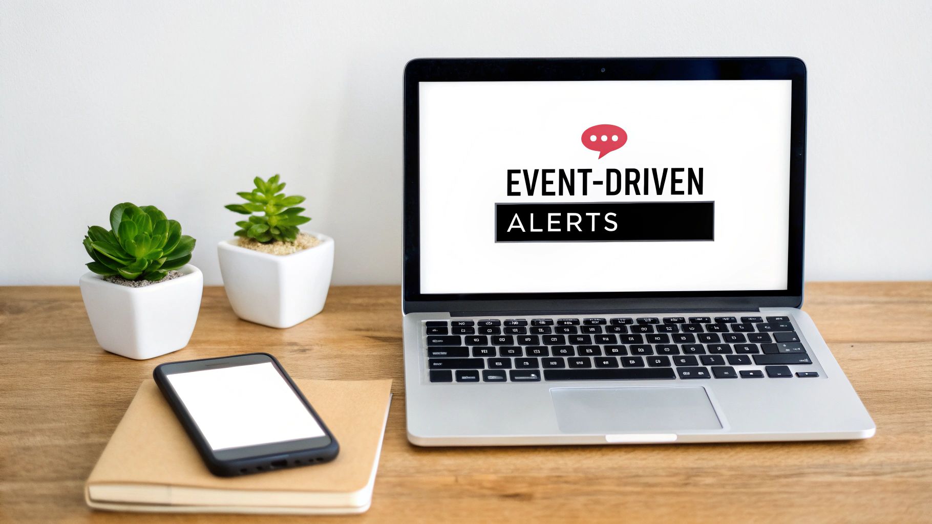 A laptop displaying "EVENT-DRIVEN ALERTS" on a desk with a phone, notebook, and two potted plants.