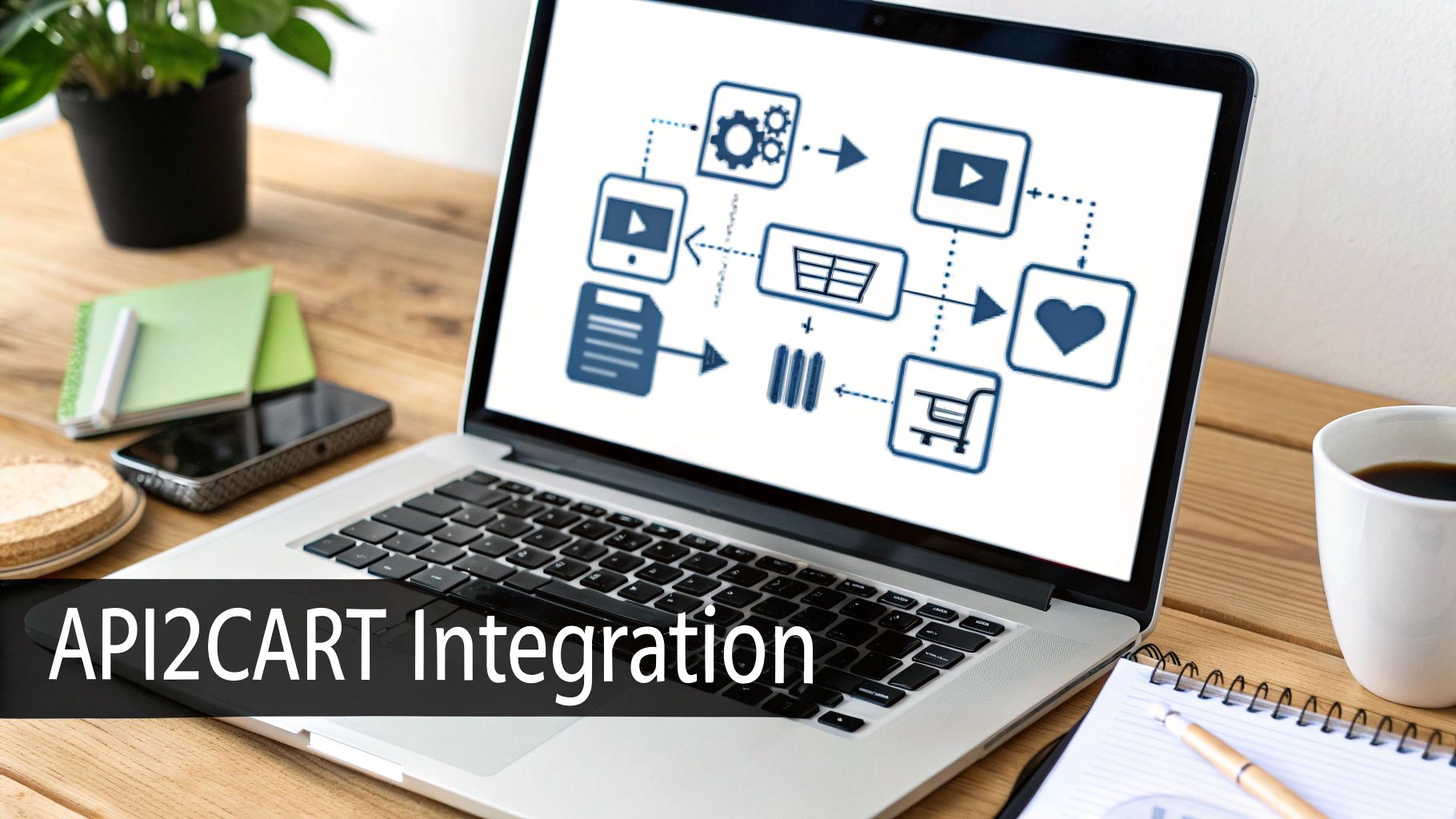 A laptop displaying an API2CART integration workflow diagram on a desk with office supplies.