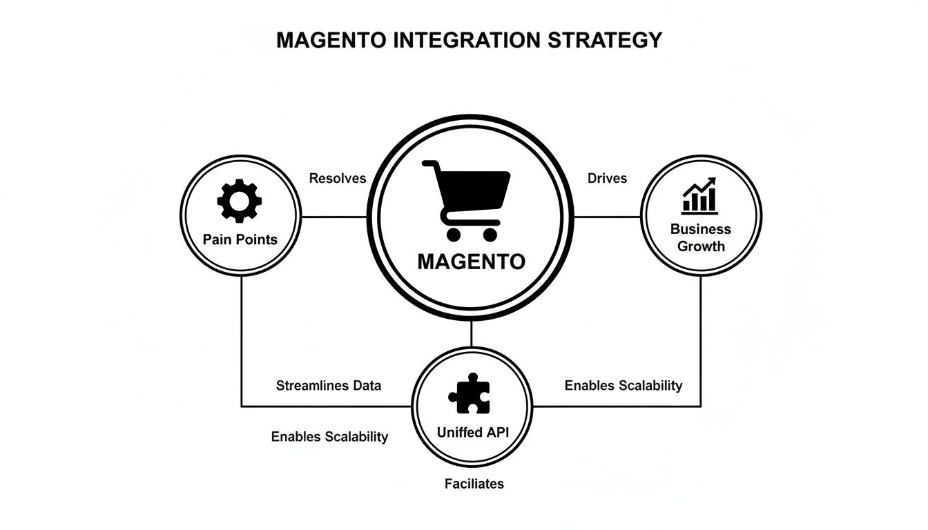 Diagram illustrating Magento integration strategy, connecting pain points, business growth, and unified API.