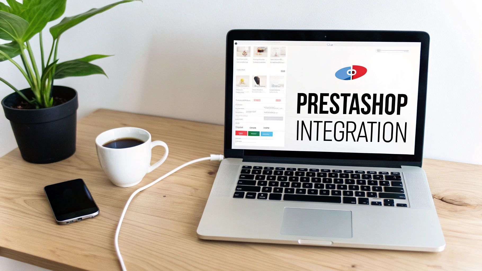 A laptop displaying "PrestaShop Integration" on screen, with a coffee cup, smartphone, and plant on a wooden desk.