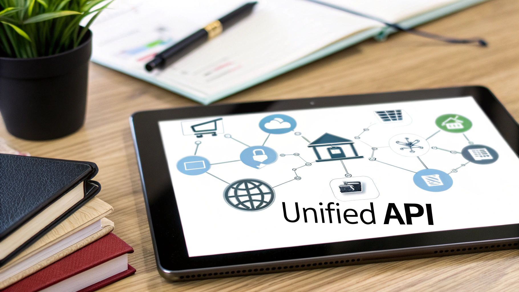 A tablet on a wooden desk displays a diagram of a 'Unified API' connecting various service icons.