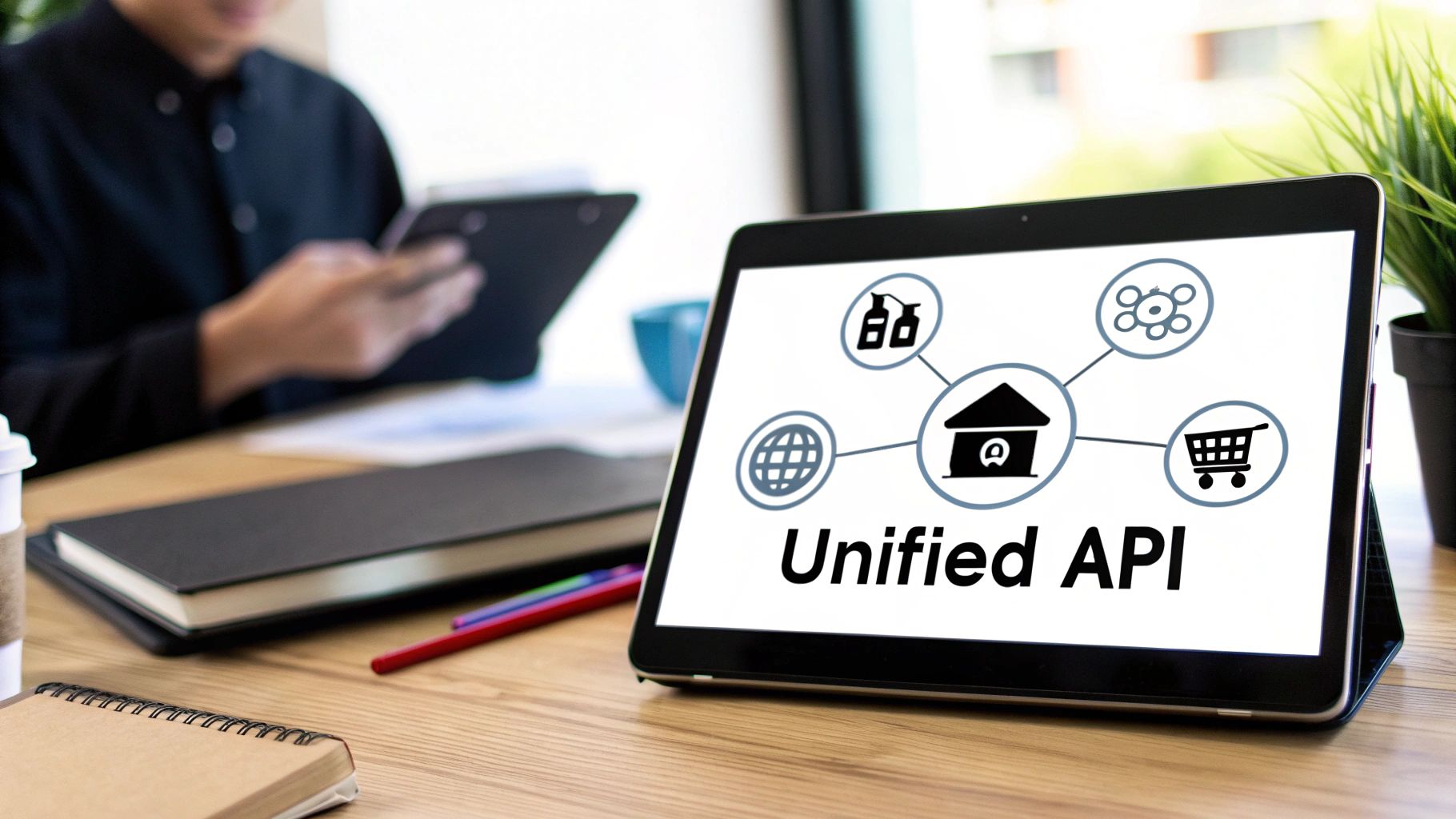 A person works at a desk, while a tablet displays a 'Unified API' diagram.