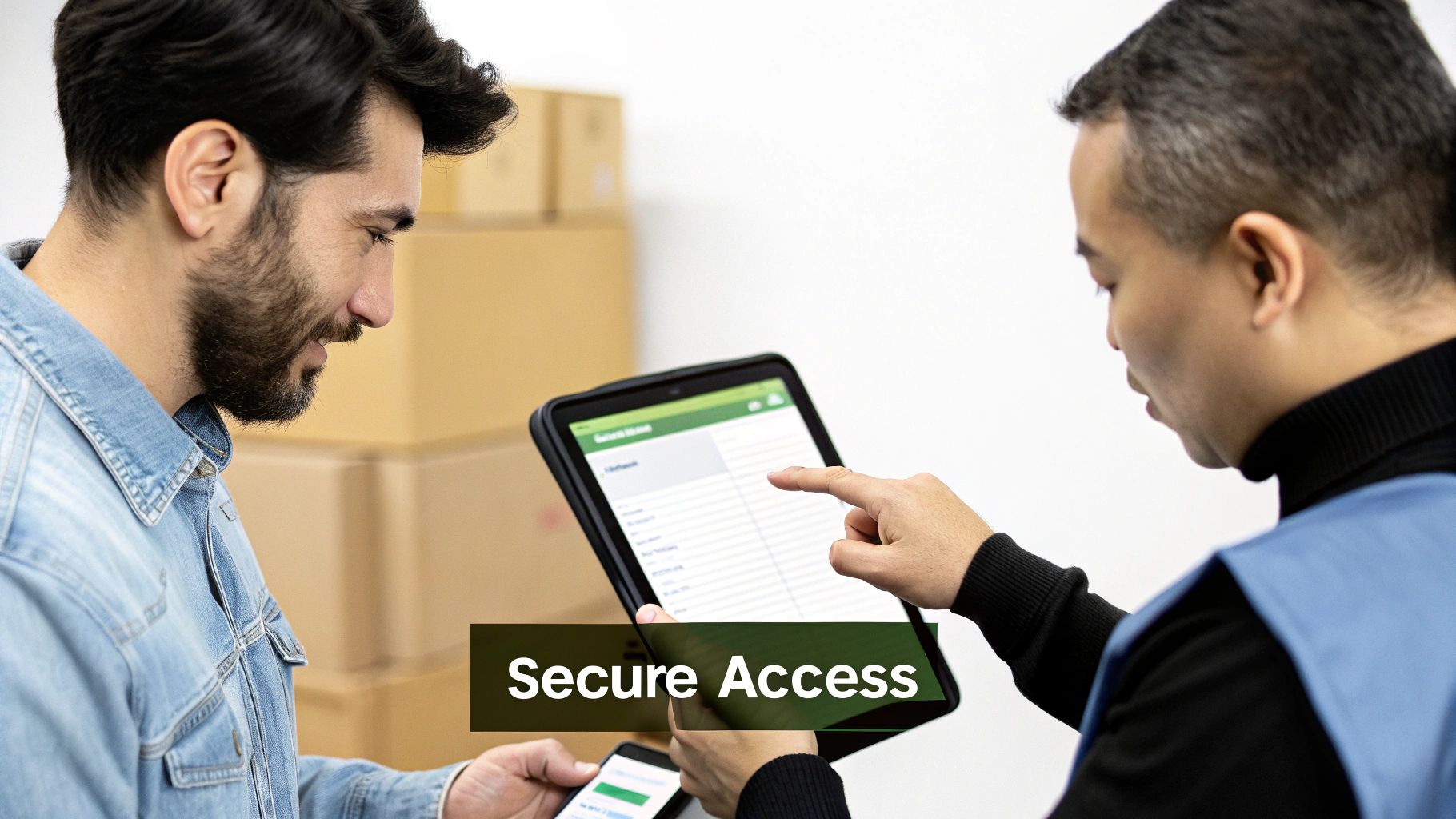 Two men reviewing digital inventory on a tablet and phone, highlighted by 'Secure Access' overlay.