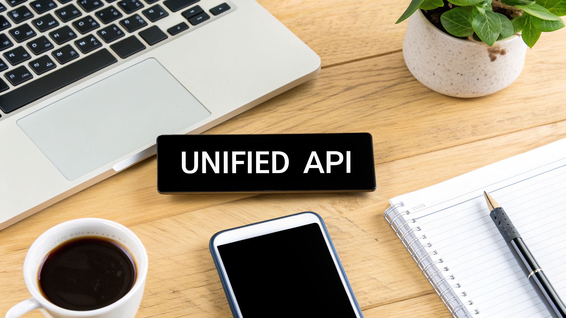 A flat lay of a wooden desk with a laptop, coffee, and a sign displaying 'UNIFIED API'.