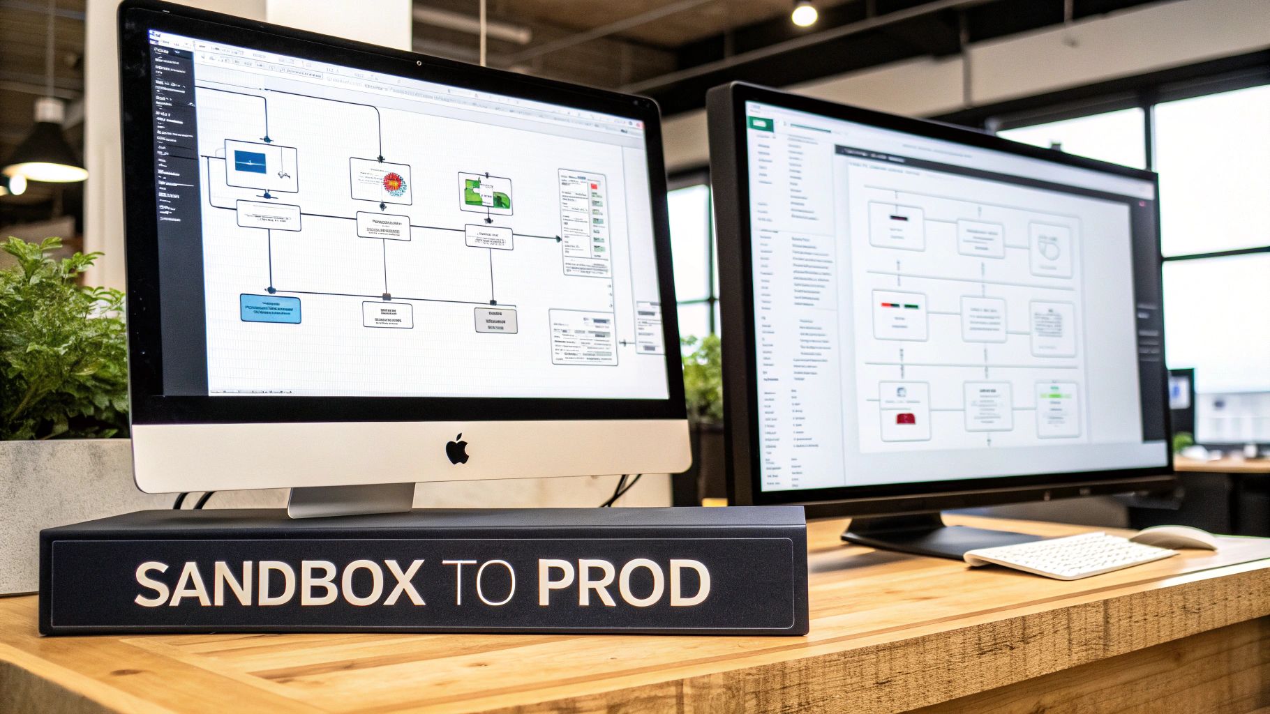 Two computer monitors display software development workflow diagrams, alongside a 'SANDBOX TO PROD' sign.