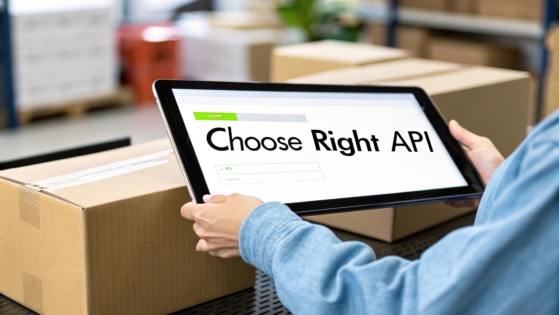 A person holding a tablet displaying 'Choose Right API' in a warehouse setting with cardboard boxes.
