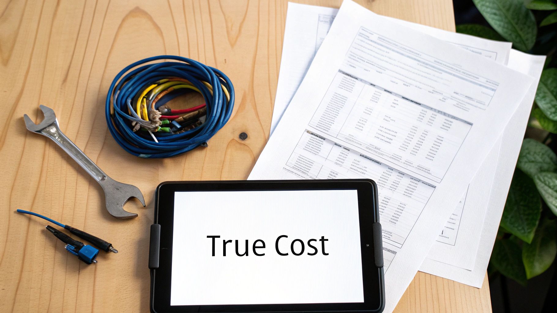 A wrench, electrical cables, and a tablet displaying 'True Cost' with documents on a wooden desk.